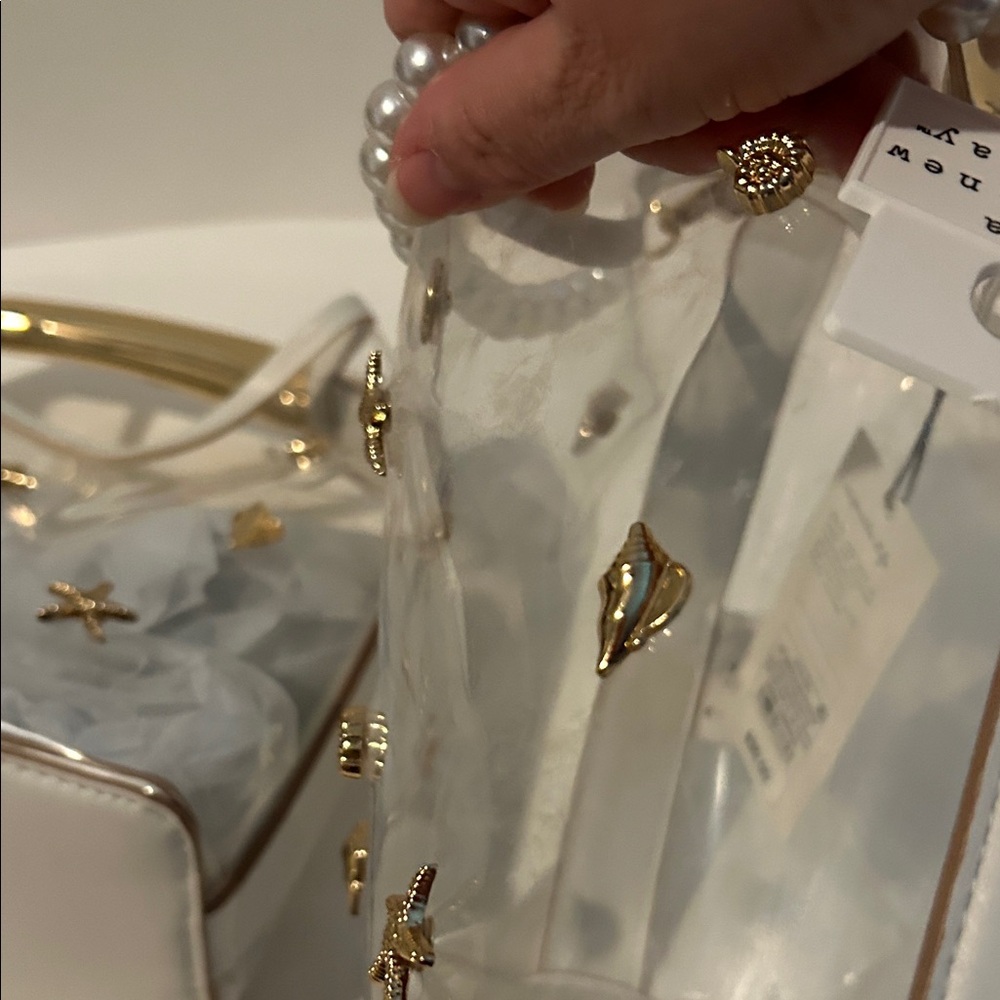 A New Day Clear beach Bag with Gold Trim with pearl bag charm - Picture 3 of 6